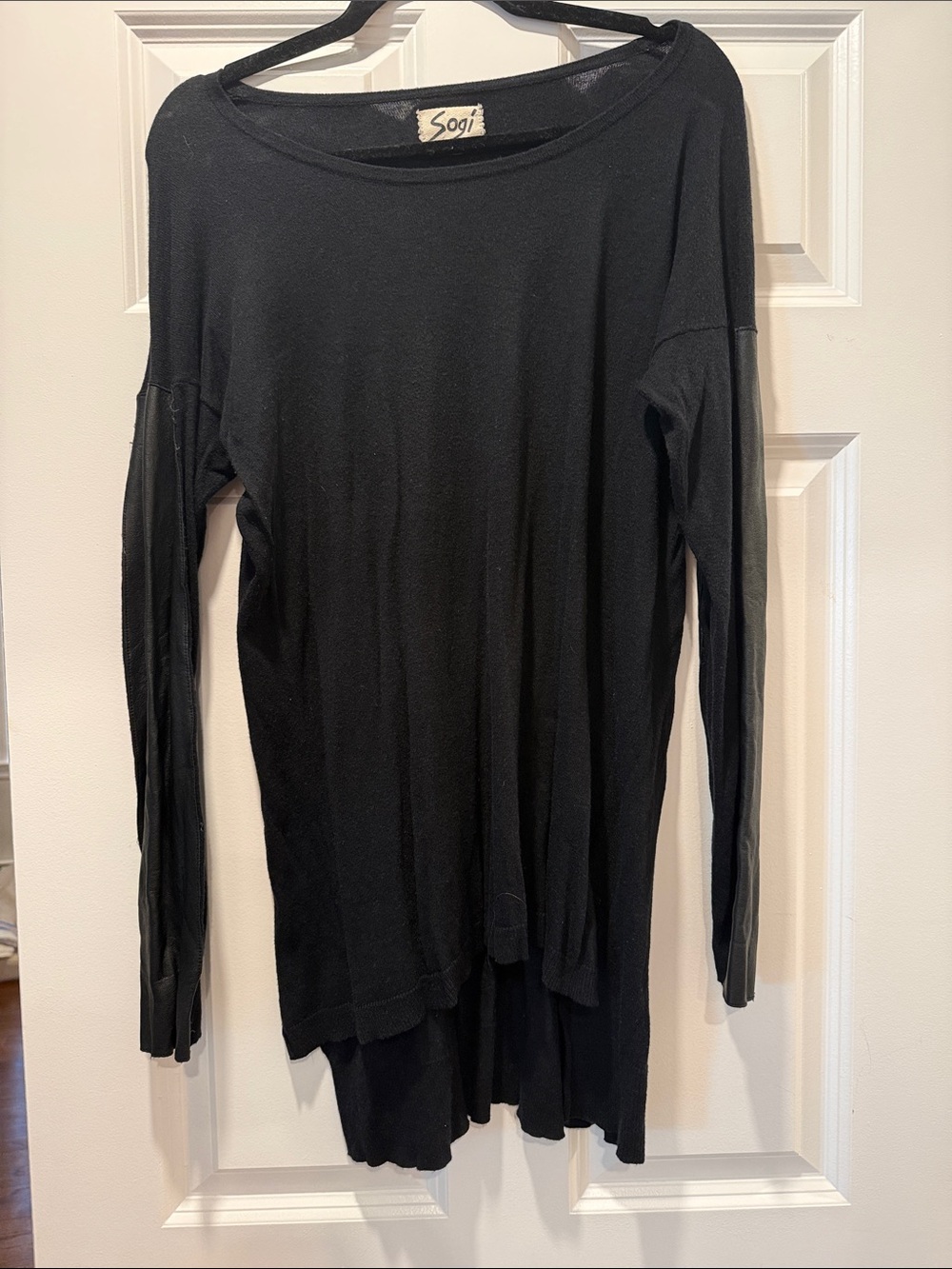 Black Long Sleeve Women's Top-Leather Trim
